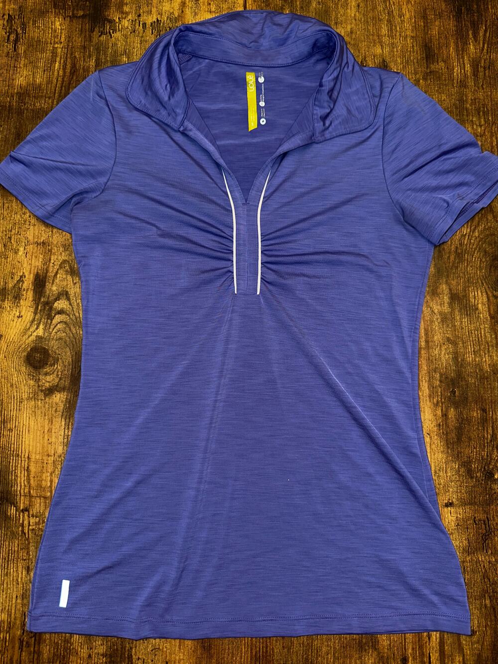 Lolë Purple Womenswear Short Sleeve Top with Funnel Neck Half Zip White Piping D